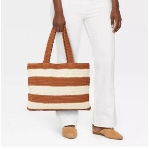 Striped Crochet Tote Bag Brown Cream Casual Beach Shoulder Bag